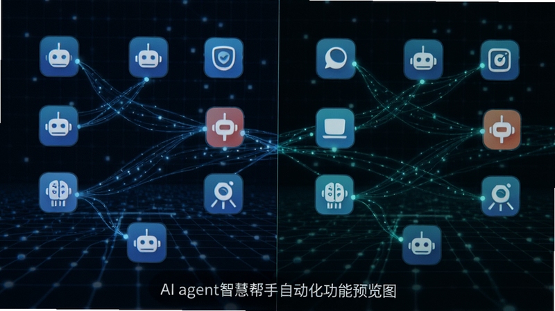 �����Է�����ʽչʾAI agent�ǻ۰���ͬʱ�ٿض��Ӧ��ͼ�꣬�м����������������ӣ�����Ϊ�Ƽ������������Զ���Эͬ������������ɫ����ɫ��ɫ��������δ���У�alt=