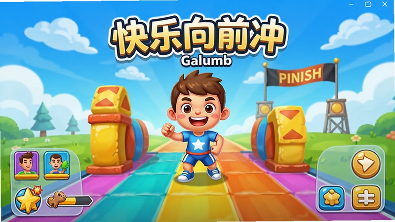 快乐向前冲(Galumb)PC电脑版主界面预览图,画面中央是卡通风格的角色站在五彩斑斓的闯关起点,背景有蓝天白云和远处的终点旗帜,整体色调明亮活泼,UI布局清晰,展示游戏核心冒险氛围,适合作为软件宣传图