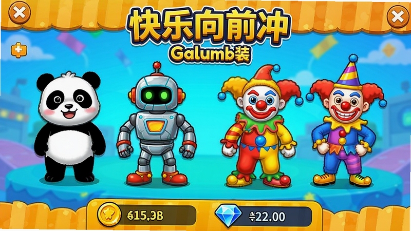 快乐向前冲(Galumb)PC电脑版角色装扮界面,展示多个不同造型的角色立绘,有熊猫装、机器人、小丑等,下方有金币和钻石数量显示,界面色彩丰富,体现个性化和收集玩法