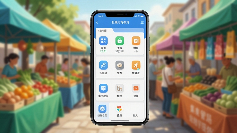 赶集叮咚软件主界面预览图,展示手机屏幕上的集市管理面板,背景为虚化的热闹集市摊位,整体色调明亮清新,突出软件界面整洁与功能图标清晰,采用高清渲染风格