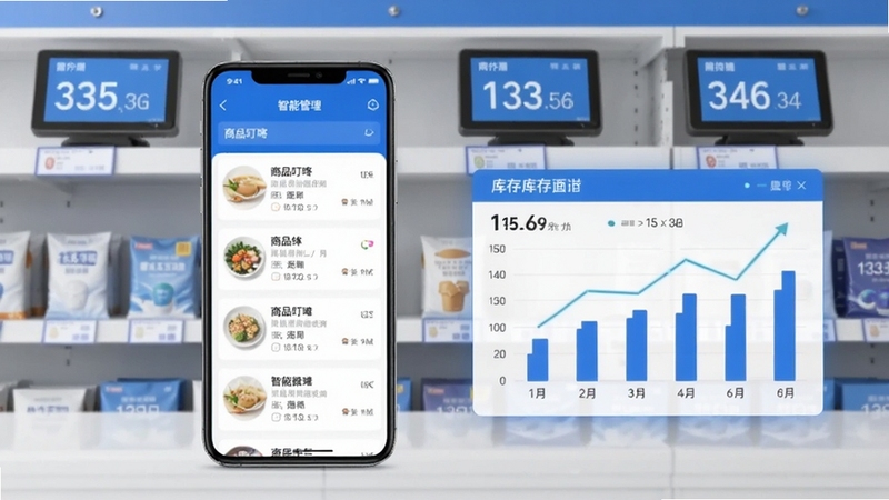 赶集叮咚智能摊位管理功能示意图,展示手机界面上商品列表与库存图表,背景为整洁的货架与电子价签,画面色调以蓝白为主,突出数据可视化与智能管理概念,写实风格
