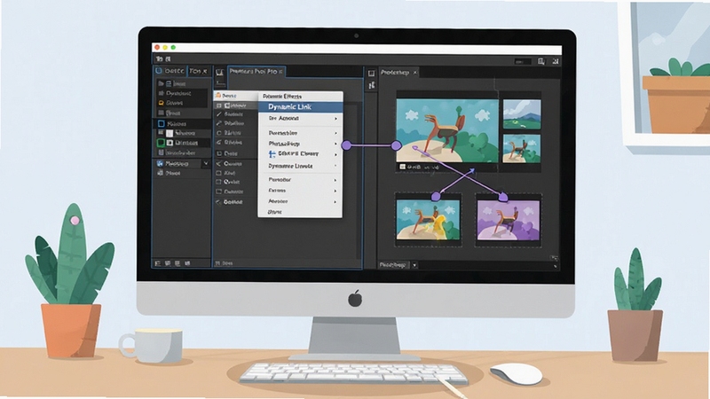 Adobe After Effects软件与Premiere Pro、Photoshop等软件协同工作的示意图,屏幕上显示着Dynamic Link动态链接的菜单和互相拖拽素材的画面,桌面环境整洁,整体风格为扁平化现代设计,色彩搭配和谐。