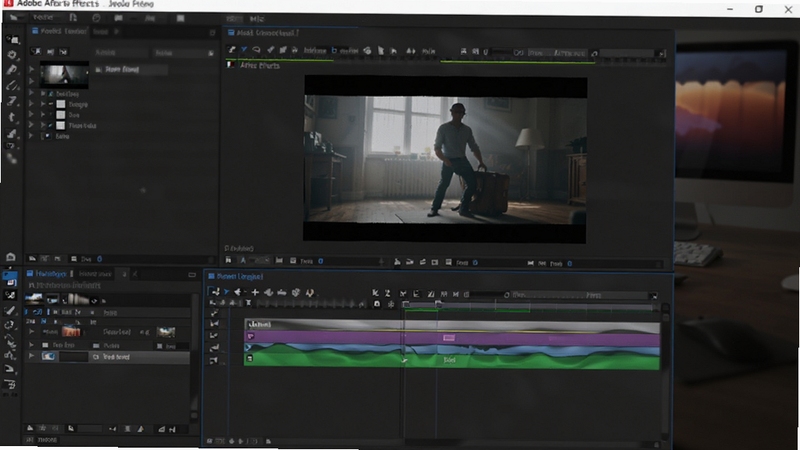 Adobe After Effects软件在电脑上运行的截图,显示着正在合成的视频画面,界面上有各种特效图层的堆叠,光线柔和,画面流畅,整体氛围专业而高效。