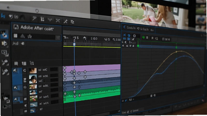 Adobe After Effects软件的时间线面板特写,显示多个彩色图层和关键帧菱形标记,曲线编辑器窗口打开,背景是合成的视频画面,整体界面清晰,色彩鲜明,展示了关键帧动画的编辑过程,风格写实。