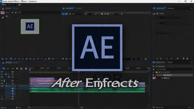 一张Adobe After Effects软件启动界面的高清预览图,背景是深色的工作台,中央显示AE的标志性图标和软件名称,周围环绕着时间线、合成窗口和特效控件的元素,整体氛围专业且充满创意,画面清晰,细节丰富,风格为现代科技感。