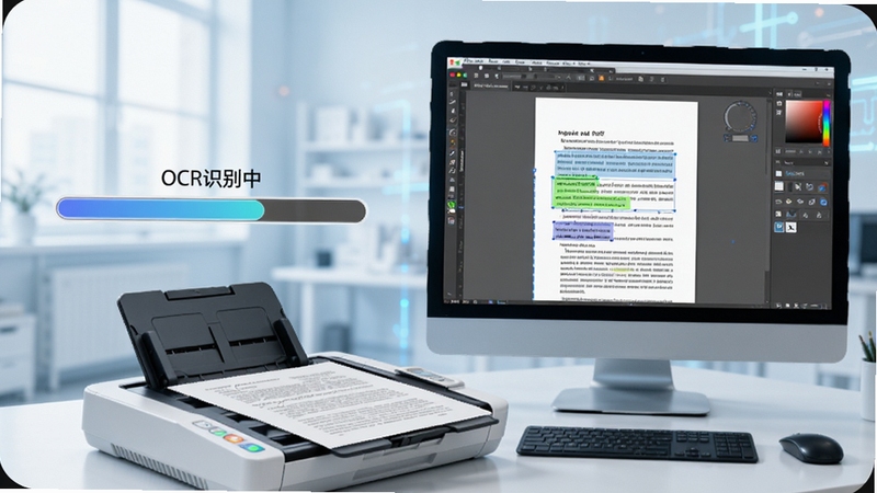 展示Adobe Acrobat Professional的OCR文字识别功能,画面中一台扫描仪正在扫描纸质文件,电脑屏幕上显示PDF文档中的文字被高亮选中并编辑,左侧有“OCR识别中”的进度条,整体画面明亮清晰,科技感强。