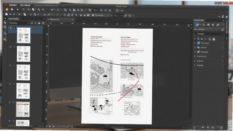 一张展示Adobe Acrobat Professional软件主界面的高清截图,界面左侧为页面缩略图栏,中央为大型PDF文档编辑区域,右侧为工具面板,整体采用深灰色与蓝色调,背景为模糊的办公桌面,画面清晰,细节丰富,突出软件的强大编辑功能。