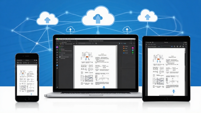 展示Adobe Acrobat Professional的多平台协作功能,画面中央是一台笔记本电脑,左右两侧分别显示手机和平板上的PDF同步界面,背景有云朵图标和网络连接线条,整体色调为蓝白相间,体现云同步与跨设备协作。