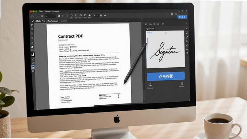 展示Adobe Acrobat Professional的电子签名功能,电脑屏幕上显示一份合同PDF,右侧有签名输入框和“点击签署”按钮,旁边放着一支触控笔和一杯咖啡,背景为简洁的办公桌,画面温馨实用。