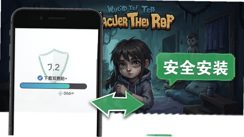 恐怖双胞胎游戏安装教程示意图,手机屏幕显示下载进度条,背景是游戏主界面,旁边有“安全安装”的绿色标识,风格简洁明了,带有指向性箭头
