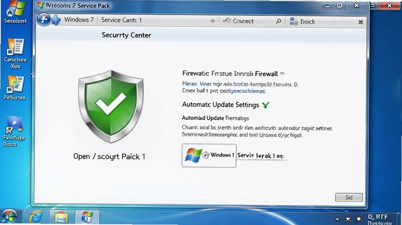 Windows 7 Service Pack 1 安全中心界面预览图,画面展示系统内置防火墙与自动更新设置已全部开启,盾牌图标呈现绿色安全状态,背景为简洁的桌面控制面板窗口,凸显系统防护能力的全面提升。