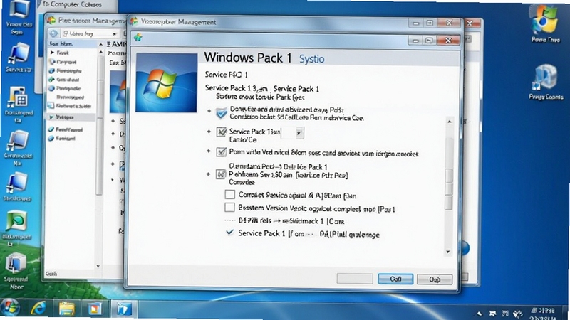 Windows 7 Service Pack 1 系统属性界面截图,显示“Service Pack 1”版本信息,背景为桌面上的计算机管理窗口,强调系统版本升级完成后的状态,画面清晰直观。