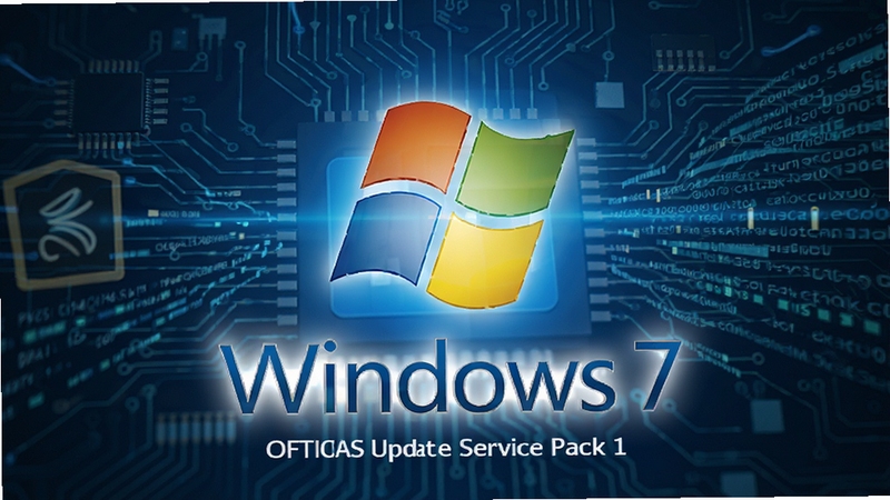 Windows 7 Service Pack 1 官方更新包主视觉图,画面中央是带有蓝色光晕的Windows徽标,背景为抽象的电路板纹路与数据流,强调系统整合与安全升级的主题,整体风格专业且科技感十足。