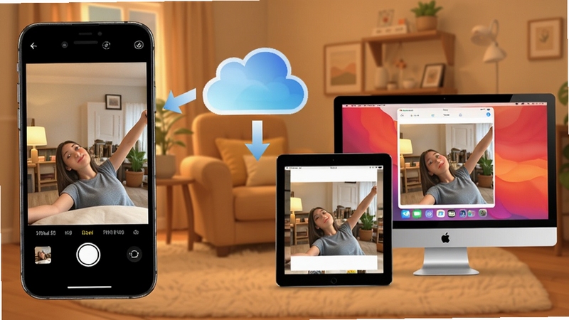 һ��չʾiCloud��Ƭ��ͬ��Ч����ʾ��ͼ�����������iPhone���ս��棬�Ҳ���iPad�͵�������ʾ��ͬ��Ƭ�Ľ��棬�м����ƶ�ͼ�ͷ���ӣ�����Ϊůɫ����ͥ������ǿ���Զ����ݺͶ��豸�鿴���ܡ�
