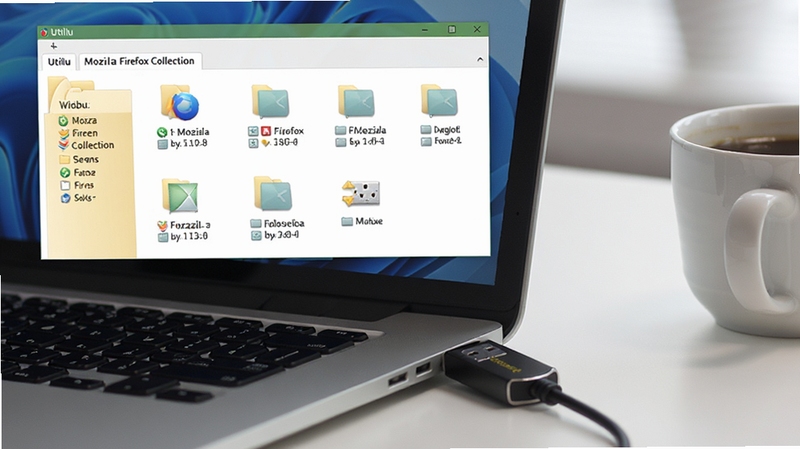 һ��USB�����̲���ʼǱ����ԣ���Ļ����ʾUtilu Mozilla Firefox Collection�ļ����ڶ���汾��Ŀ¼������Ϊ���칫�����Ա߷��п��ȱ�������ǿ����Я������ɫ�ⰲװ�ص㣬�������дʵ