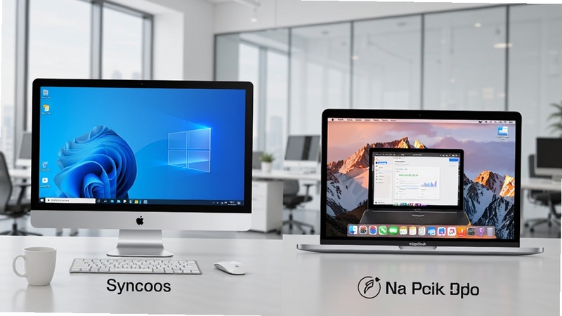 Syncios �ڲ�ͬ�豸�ϵļ�����չʾ�������Windows���Խ��棬�ұ���MacBook���棬����Ϊ�ִ��칫������չ�ֿ�ƽ̨���ԡ�