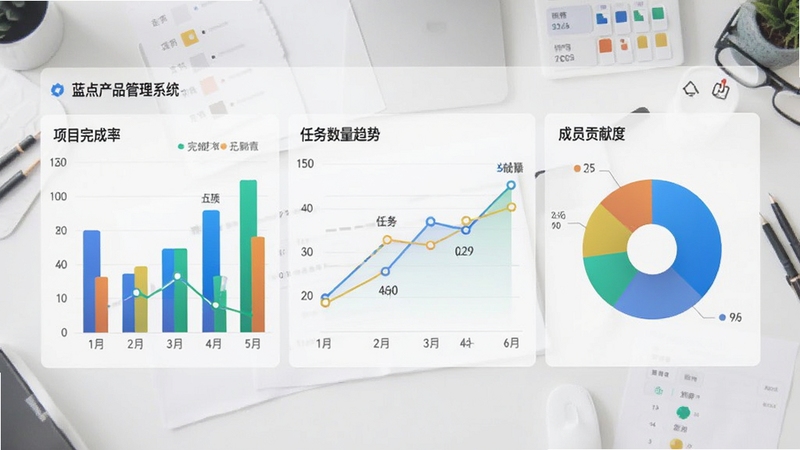 蓝点产品管理系统数据看板图表展示,包含柱状图、折线图和饼图,显示项目完成率、任务数量趋势和成员贡献度,背景为浅色工作台,图表配色鲜艳清晰,整体界面现代大气。