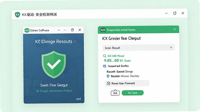 展示KX驱动安全检测的界面,画面中有杀毒软件扫描结果和绿色安全标志,背景为浅绿色调,突出安全可信赖感,整体风格简洁清晰