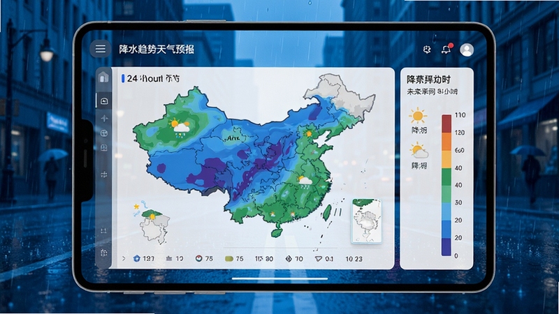 降水趋势天气预报应用主界面,展示未来24小时降水量预报图,背景为城市街道雨天场景,地面湿润,雨滴清晰可见,画面整体色调偏蓝,信息展示直观,界面现代简洁,高清数字渲染