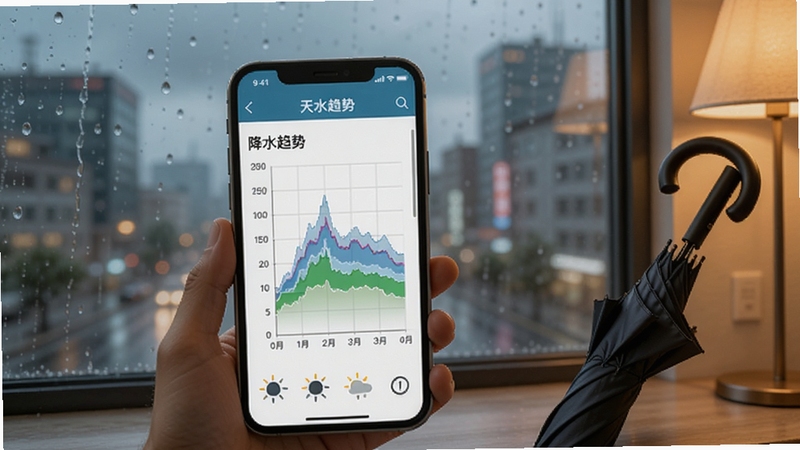降水趋势天气预报使用场景示意图,手机屏幕显示降水趋势图表,旁边放置雨伞,背景为窗外下雨的城市景象,手机界面清晰,画面温馨,偏写实风格
