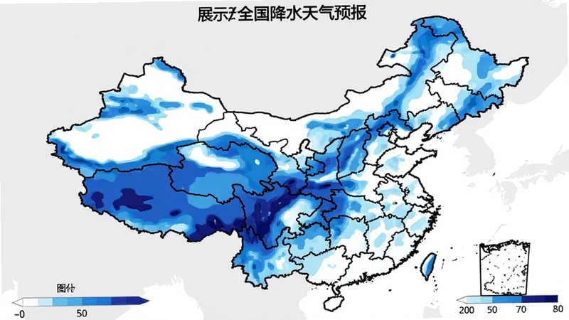 降水趋势天气预报展示全国降水预报图,地图上叠加蓝色系降水色斑,色斑深浅代表降水量大小,界面有图例说明,背景为纯色,地图边界清晰,整体风格类似专业气象台预报图