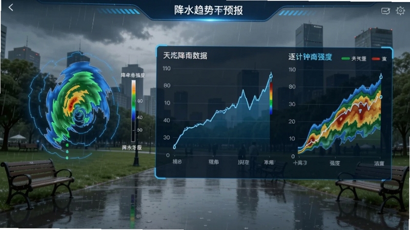 降水趋势天气预报软件内置的分钟级降水预报页面,展示雷达回波动画与逐分钟降水强度曲线,背景为城市公园场景,天气阴雨,画面中央有降水数据图表,界面科技感强,蓝色主调