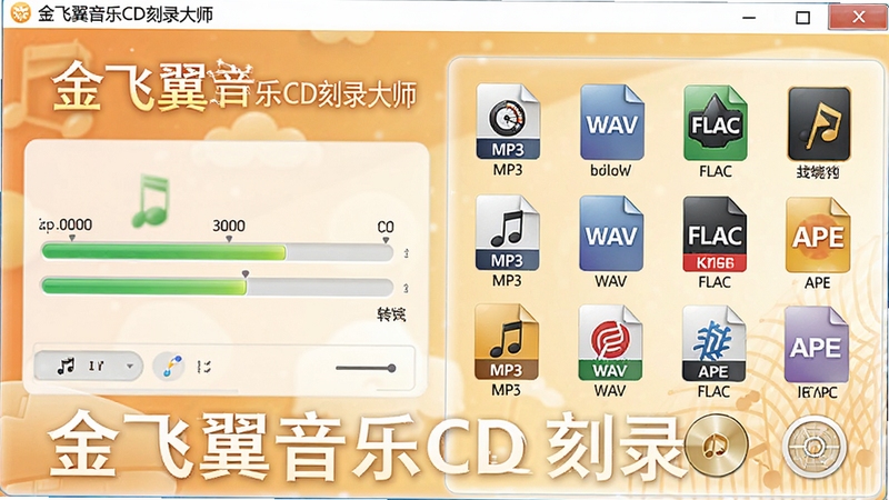 ���������CD��¼��ʦ��ʽ֧�ֽ��棬����չʾ������Ƶ�ļ�ͼ�꣨MP3��WAV��FLAC��APE�ȣ����������������Ҳ࣬���Ϊ��ʽת������������������ůɫϵ��ͻ�������Զ��ʽ���ݵı���ԣ����������£������б�ע�����������CD��¼��ʦ��Ʒ����