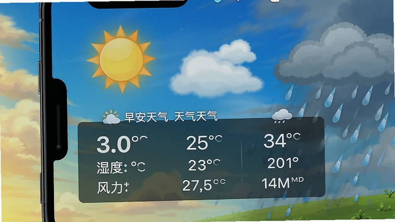 早安天气实时天气数据展示界面,手机屏幕上显示温度、湿度、风力等详细数据,背景为动态天气动画,例如晴天、多云或降雨场景,画面清晰直观,色彩鲜明,突出数据全面性与实时性