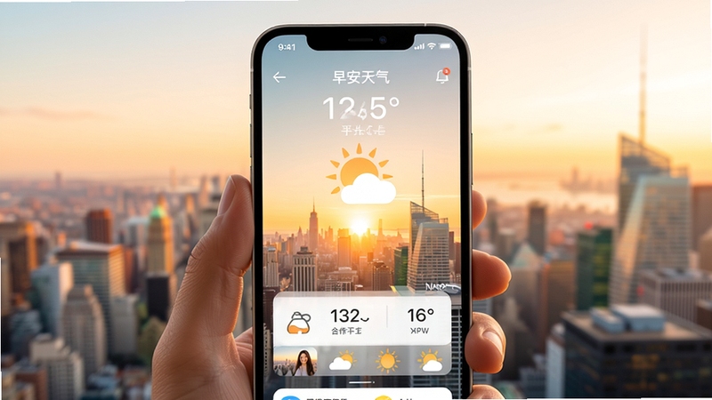 早安天气应用主界面预览图,手机屏幕中央显示今日天气信息,背景为晨曦中的城市天际线,色调温暖明亮,界面风格简洁清新,突出天气预报与早安问候融合的场景,整体画面细腻柔和,适配移动端竖屏展示