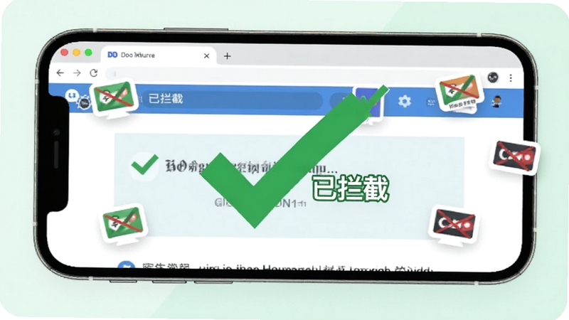 DO浏览器广告拦截功能展示,手机屏幕上方展示一个网页,网页中原本的广告区域被明显的绿色对勾覆盖,并标注
