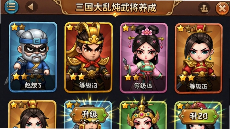 �����������佫���ɽ����ͼ��չʾ���Q�������佫��Ƭ���������ơ������������ȣ���Ƭ�����Ǽ��͵ȼ���ʶ�����沼��������ɫ�ʷḻ������������ť��Ч����ϷUI���