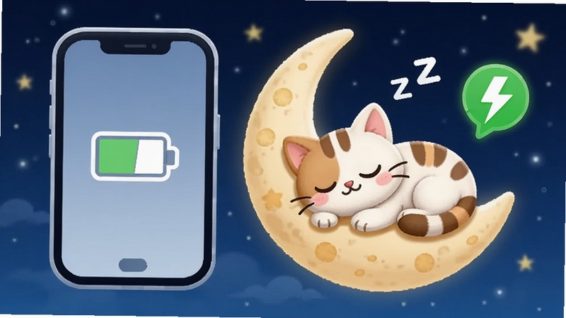 手机桌面电子宠物省电模式示意图,画面左侧是手机电量图标,右侧显示一只小猫宠物趴在月亮上睡觉,周围有Zzz符号和绿色节能标示,背景为深蓝色星空,风格可爱清新,突出低功耗和智能休眠的特点,插画风格。