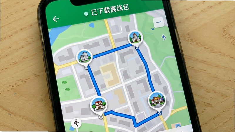 随步览景离线地图模式截图,手机屏幕显示风格化的矢量地图,地图上有一条蓝色的推荐步行路线连接着几个圆形景点图标,屏幕顶部有“已下载离线包”的绿色状态栏,背景是简洁的木质桌面,地图配色清爽,层次分明