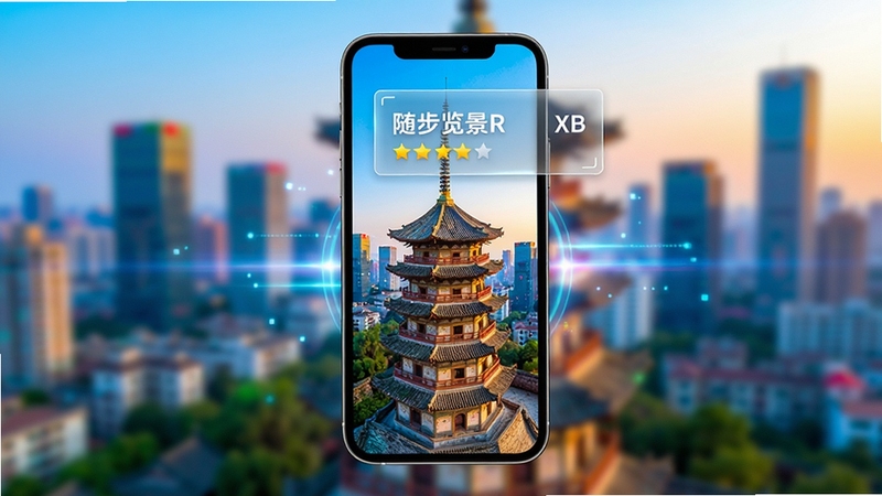 随步览景AR识别功能特写,一部手机悬浮在画面中央,手机屏幕上显示古建筑塔楼的实景,塔楼顶部悬浮着半透明的信息标签框,标签内有文字和星级评分,背景是虚化的城市天际线,色彩饱和度高,科技感光效,画面清晰锐利