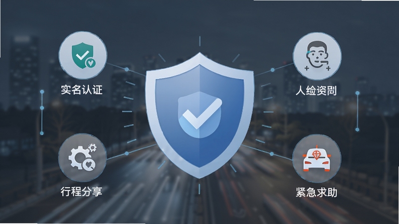 顺风车约车安全保障功能展示图,画面以盾牌图标为中心,周围环绕实名认证、人脸识别、行程分享、紧急求助等小图标,背景为模糊的城市夜景,色调以蓝灰为主,传达安全可靠的感觉