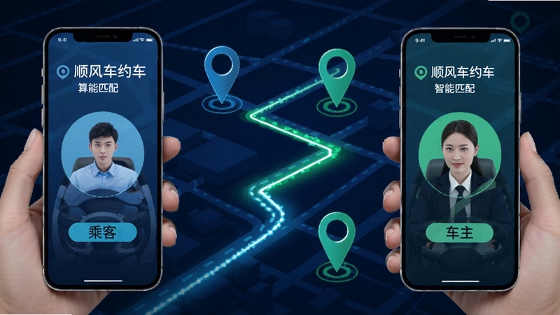 顺风车约车智能匹配功能示意图,画面展示两部手机分别代表乘客与车主,中间以发光的路线线条连接,背景为抽象的城市路网与定位图标,强调算法精准与快速匹配,色调以蓝色与绿色为主,科技感十足
