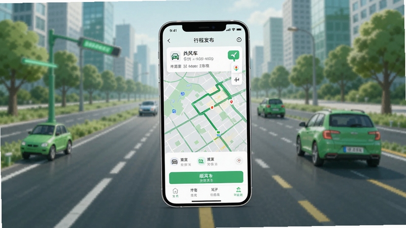 顺风车约车app整体界面预览图,展示手机屏幕上行程发布页面与地图路线规划界面,背景为城市道路与绿色出行元素,画面主体为智能手机居中显示应用界面,风格清新现代,突出共享出行概念