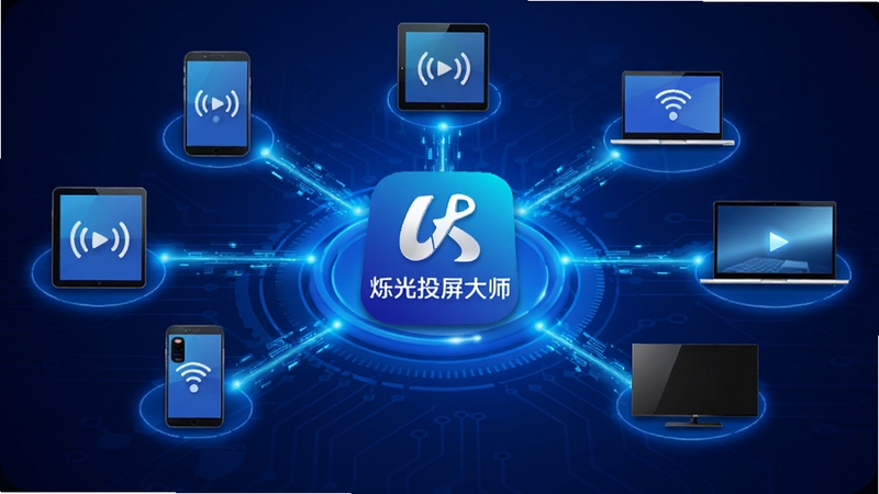 烁光投屏大师多设备连接示意图,画面中央为烁光投屏大师LOGO,周围环绕着智能手机、平板、笔记本电脑、智能电视等设备图标,通过发光的线条连接至中心,背景为深蓝色科技感渐变,突出高速稳定传输特点