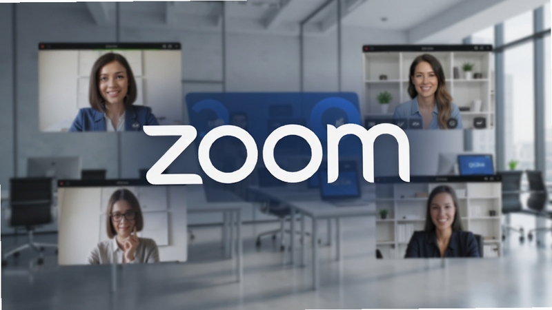 Zoom 视频会议软件主视觉图,画面中心为 Zoom 品牌标识,背景为现代办公场景,多人视频通话窗口悬浮排列,色调以蓝色和白色为主,光线明亮,风格简洁专业,适合作为软件下载页首图