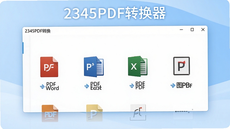 生成一幅展示2345PDF转换器核心功能的宽幅预览图,画面中央是软件主界面窗口,界面中清晰显示PDF转Word、PDF转Excel、图片转PDF等主要功能图标,背景采用干净的浅蓝色渐变,突出软件的专业与高效,整体风格现代简约,适合作为软件下载站的首图。