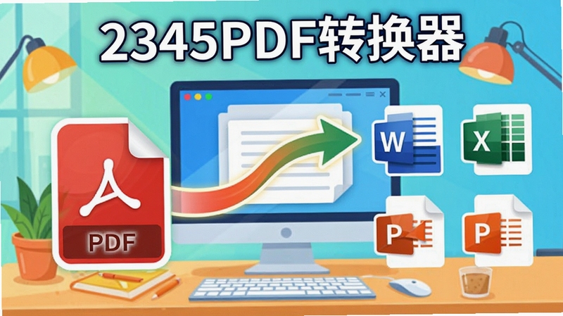 生成一幅展示2345PDF转换器格式转换过程的插画,画面左侧是PDF文件图标,右侧是Word、Excel、PPT等文件图标,中间用流畅的箭头连接,背景融入电脑屏幕和办公桌元素,色彩明亮活泼,强调转换的多样性与便捷性,画面上方可标注“2345PDF转换器”字样。