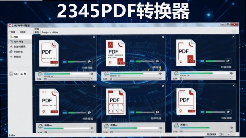 生成一幅展示2345PDF转换器批量处理功能的界面截图风格图片,画面显示软件界面中同时排列了多个PDF文件,每个文件旁都有转换进度条,背景使用科技感十足的深蓝色,突出批量处理的高效与稳定,可在界面顶部标注软件名称“2345PDF转换器”。