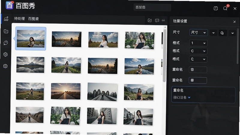 展示百图秀批量处理功能的界面,左侧为待处理图片列表,右侧为批量设置面板,包含尺寸、格式、重命名选项,背景为深色界面,突出“百图秀”品牌标识,画面清晰展示多张图片缩略图