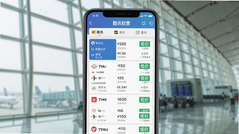 展示酷讯APP内机票比价功能的手机截图拼贴效果图,前景是一台智能手机,屏幕上有多个航空公司的价格列表与绿色“低价”标签,背景为模糊的机场航站楼玻璃幕墙,光线明亮,强调信息透明与高效对比,画面中隐约可见“酷讯机票”的界面元素