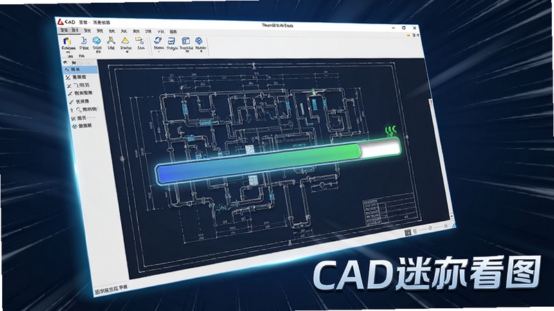 一张动态效果示意图,画面中CAD迷你看图软件界面正在快速打开一份大型工厂管道图纸,进度条瞬间完成,界面流畅无卡顿,背景有细微的速度线条特效,强调极速加载性能,图片风格为科技感插画,CAD迷你看图软件名称以艺术字形式出现在画面右下角