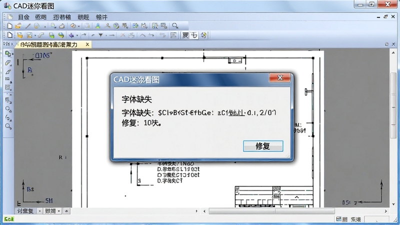 一张电脑屏幕显示CAD迷你看图软件打开一份图纸并弹出错误提示对话框的示意图,对话框提示“字体缺失”,旁边有修复按钮,背景为软件主界面,画面清晰易懂,用于说明字体问题的解决方案,CAD迷你看图软件名称在标题栏可见
