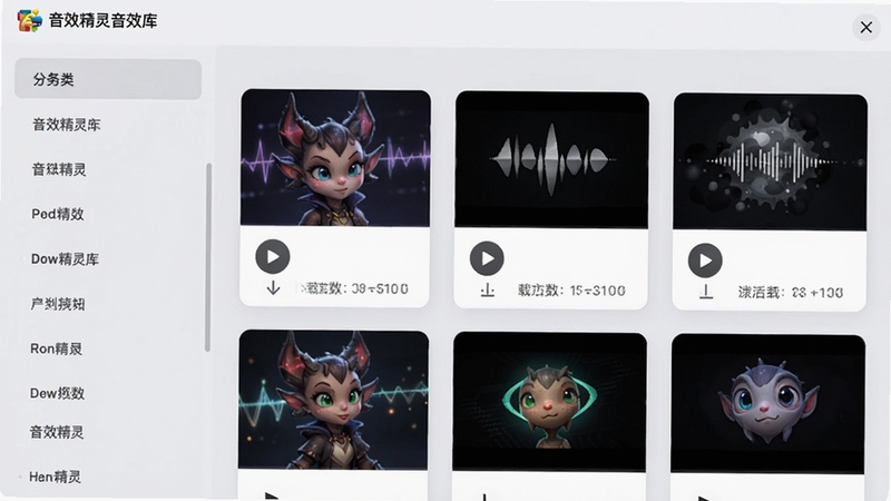 音效精灵音效库浏览界面,左侧为分类列表,右侧展示音效卡片,每张卡片带有播放按钮和下载次数,背景为浅灰色,界面整洁,音效精灵名称显示在顶栏