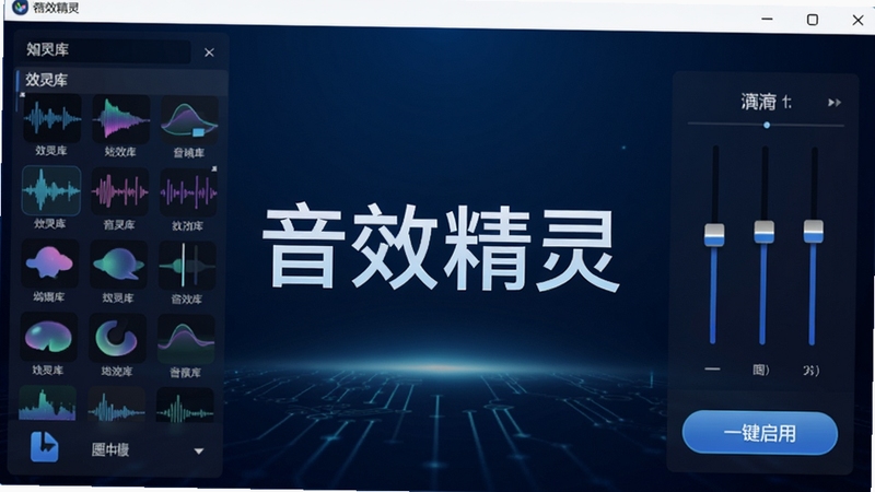 音效精灵软件主界面预览图,画面中心显示软件名称音效精灵,背景为深蓝色科技感渐变,界面包含音效库列表、均衡器滑块、一键启用按钮,整体风格简洁现代,高清渲染