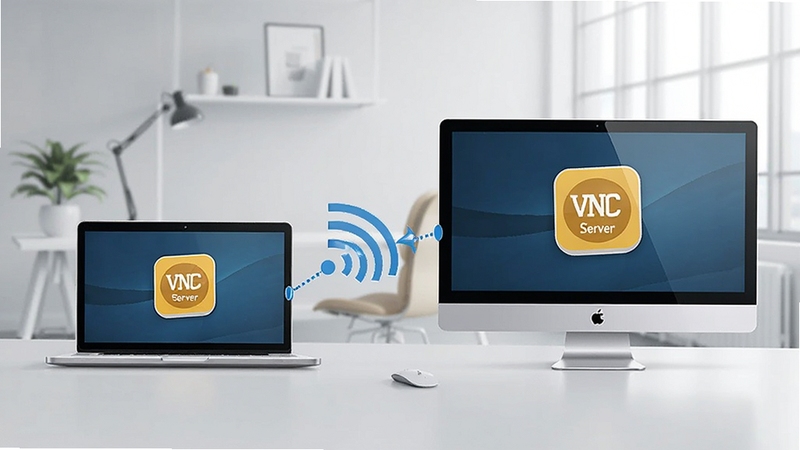 VNC Server��ƽ̨����ʾ��ͼ������չʾһ̨�ʼǱ����Ժ�һ̨̨ʽ��ͨ�������������ӣ���Ļ����VNC Serverͼ�꣬����Ϊ�ִ���Լ�칫������