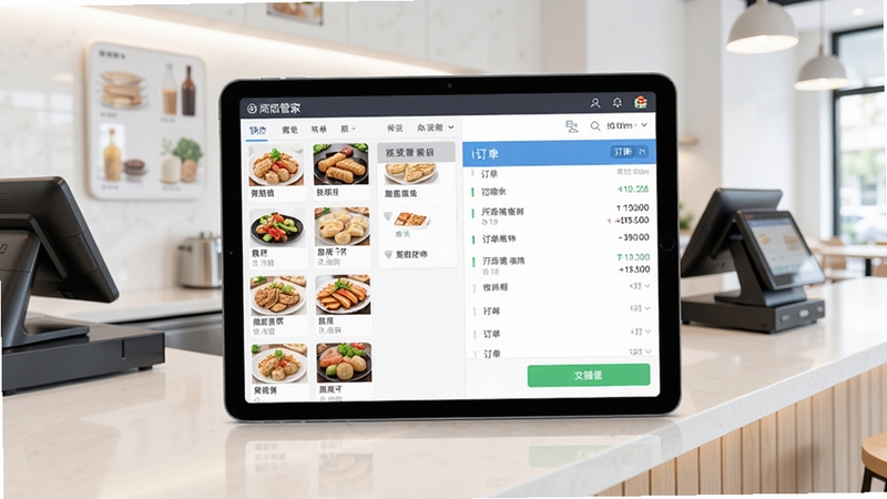 商店管家餐饮收银管理软件全景界面预览图,画面主体为平板电脑上显示点餐与收银主界面,左侧为菜品分类栏,右侧为订单列表,背景为明亮整洁的现代餐厅收银台,风格写实清晰